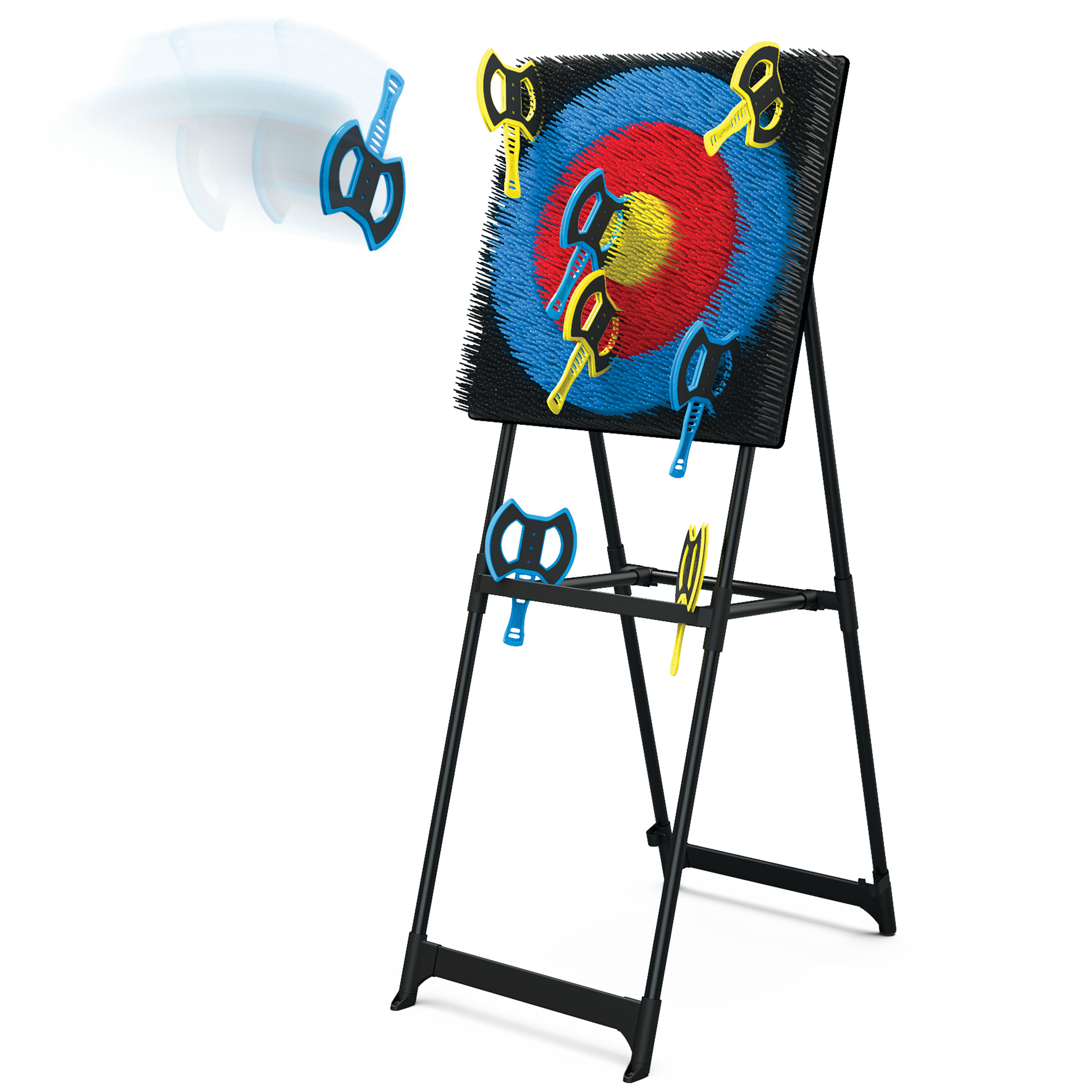 Freestanding lawn game axe toss target and toy throwing axes