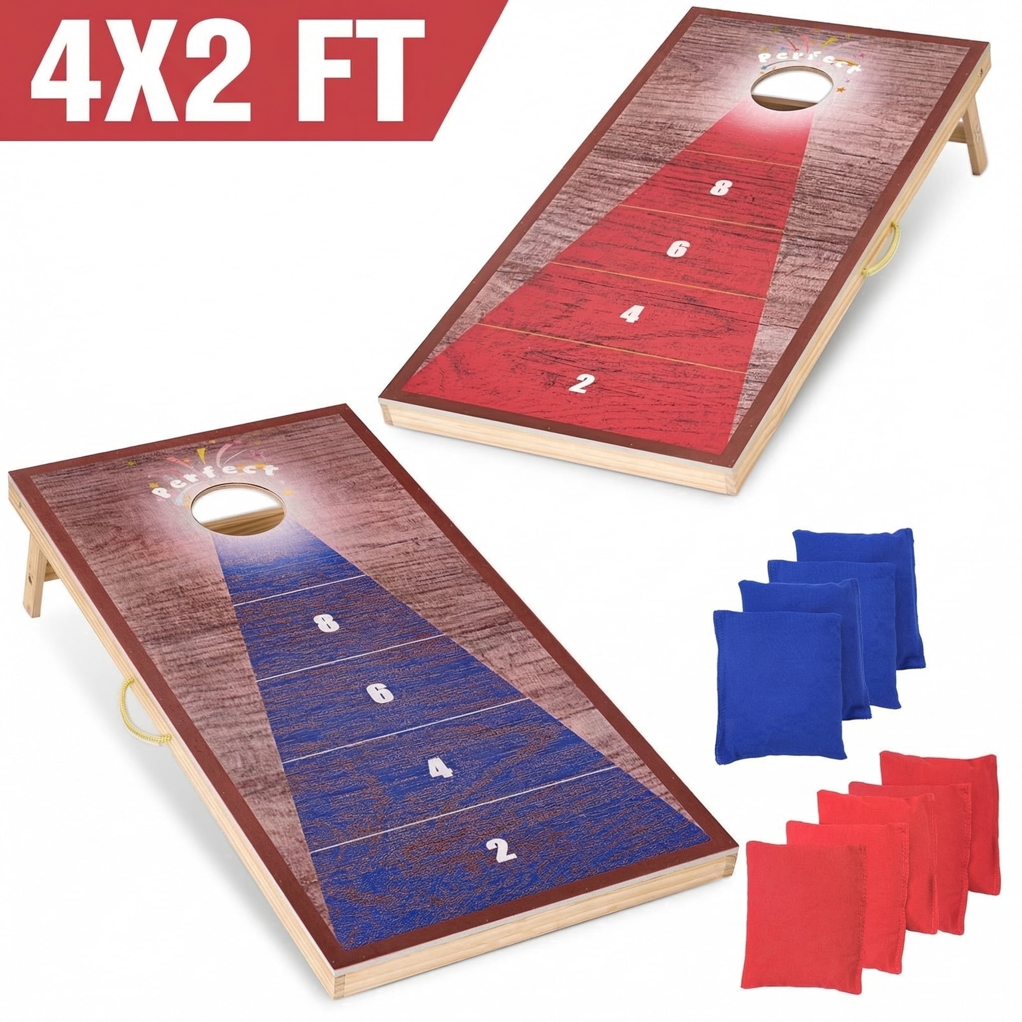Cornhole set with two matching boards and beanbags