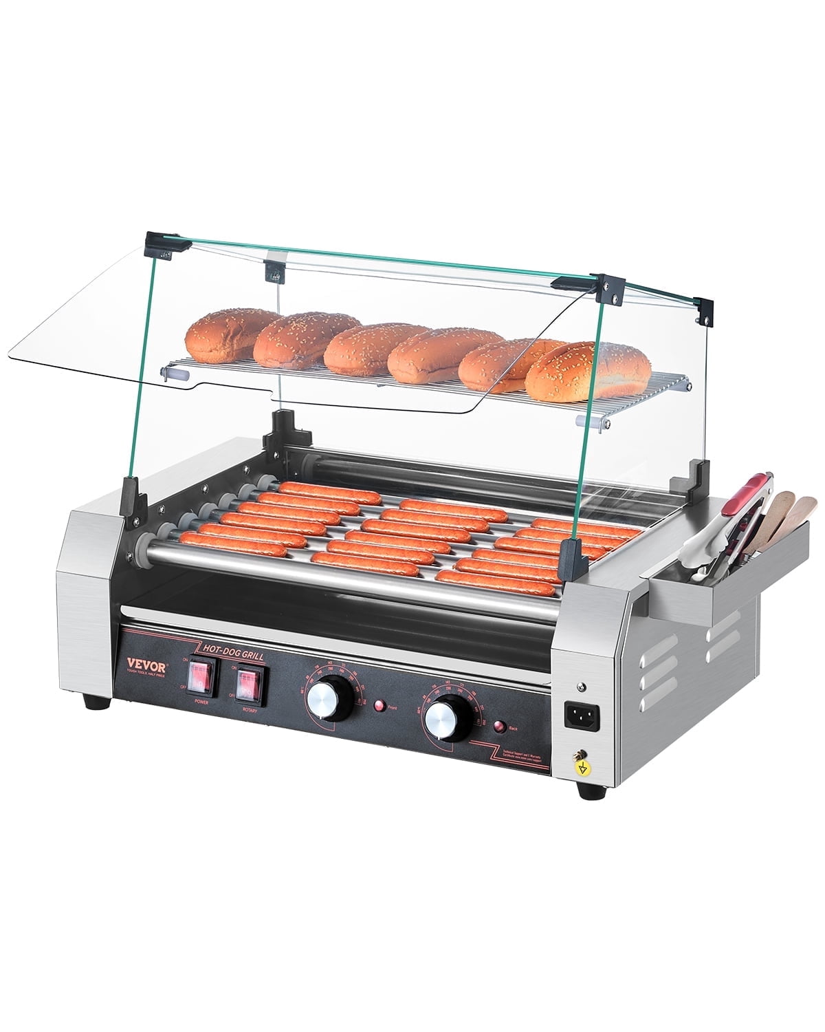 Hot dog roller machine with a clear cover and bun shelf