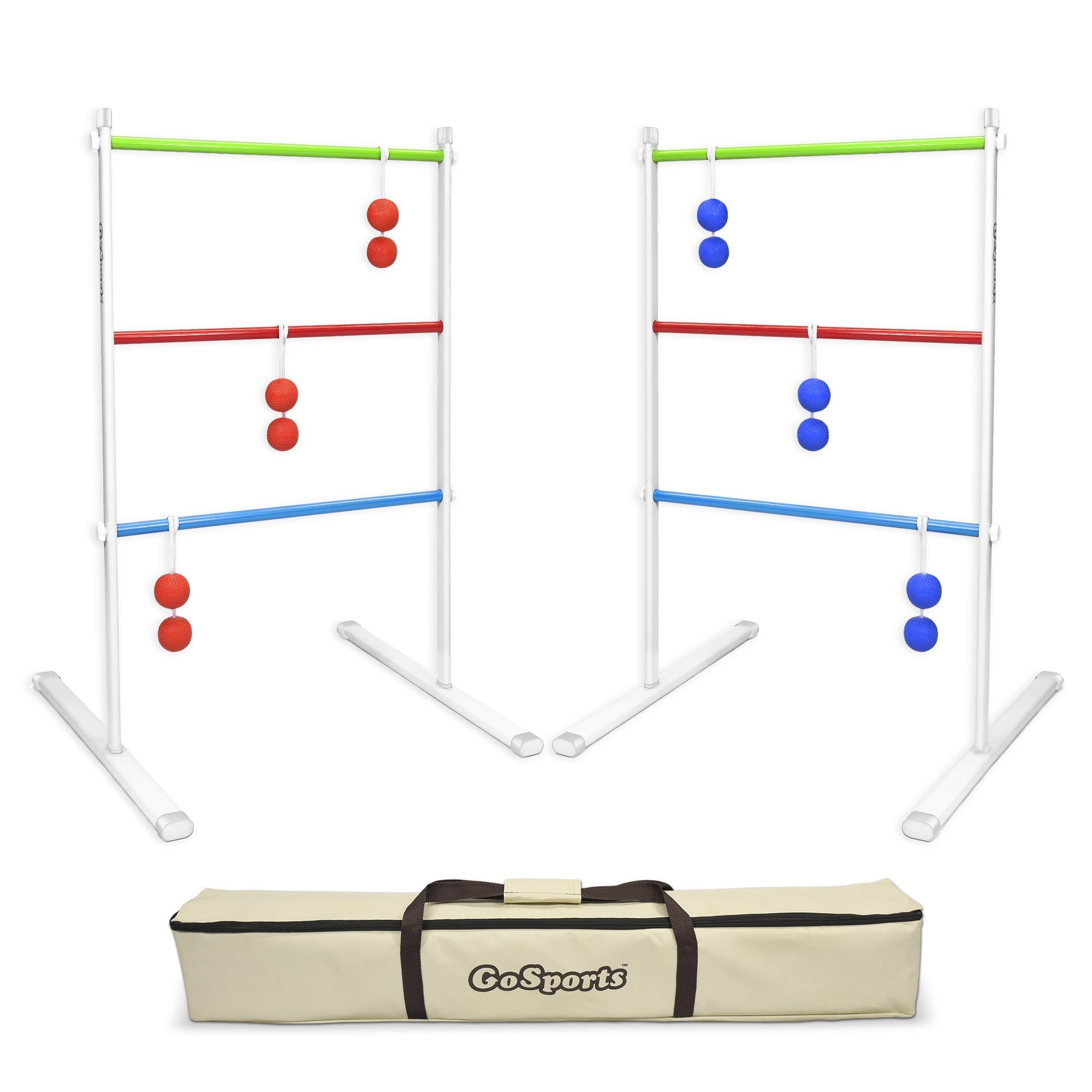 Ladder toss set with two metal ladder targets and colored bolas